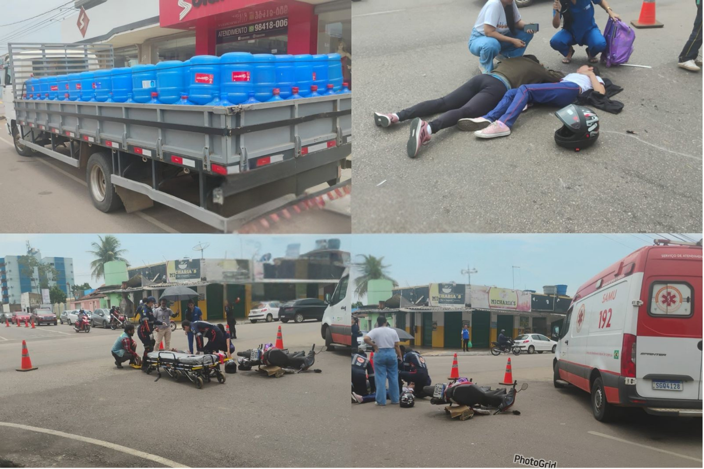 Mãe e filha ficam feridas em colisão entre moto e caminhão no centro de Porto Velho