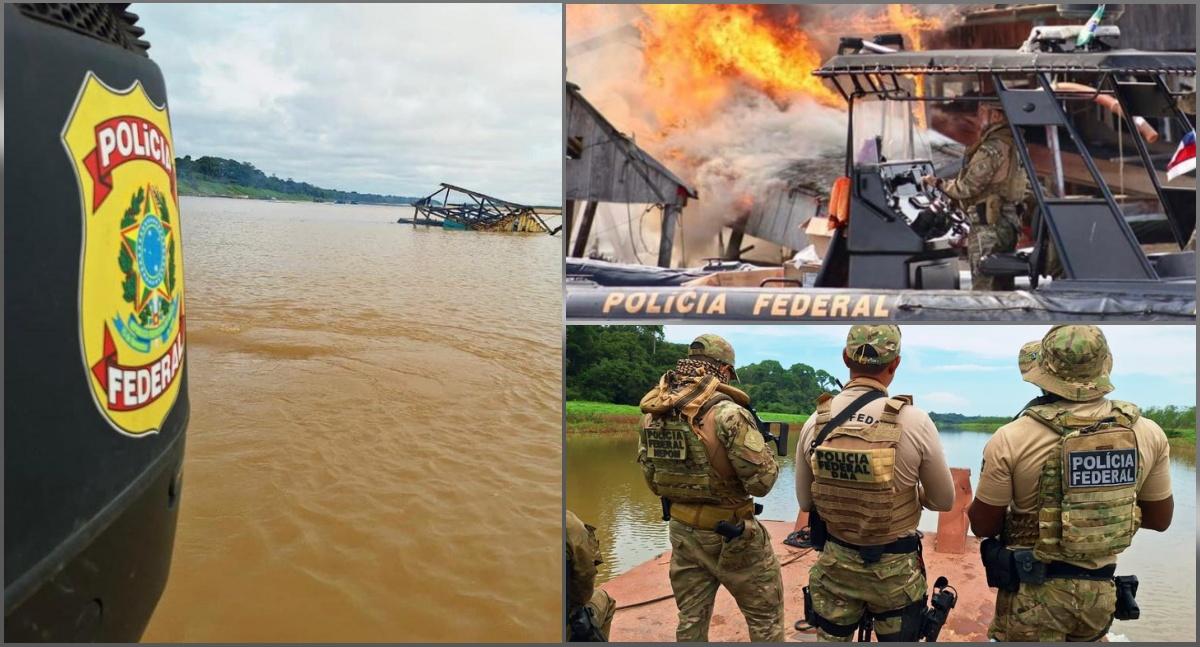 PF destrói 138 balsas de garimpo ilegal no Rio Madeira