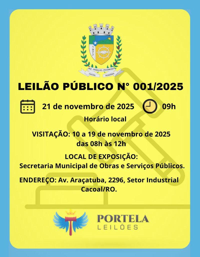 Prefeitura de Cacoal realiza leilão de bens inservíveis a partir de 10 de novembro